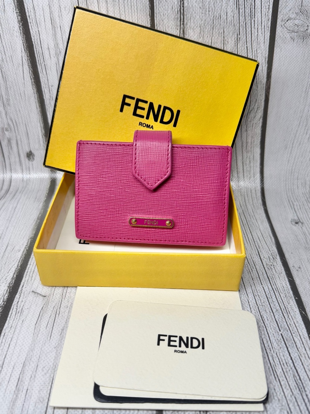 PRE LOVED Fendi Accordion Style Flap Card Pink & Gold Wallet